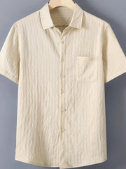Khaki textured button-up short-sleeve men's shirt with chest pocket