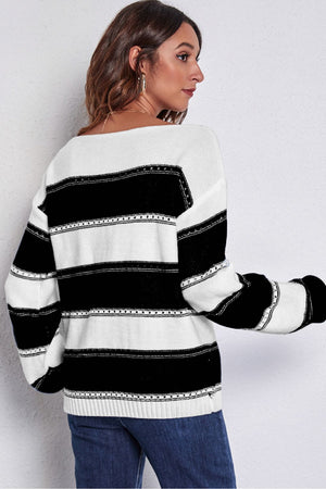 Black and white striped off-shoulder knit sweater with perforated detail