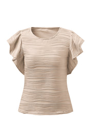 Textured ruffle sleeve bodysuit in eggshell with a wavy ribbed pattern.