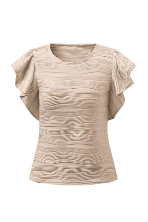 Textured ruffle sleeve bodysuit in eggshell with a wavy ribbed pattern.