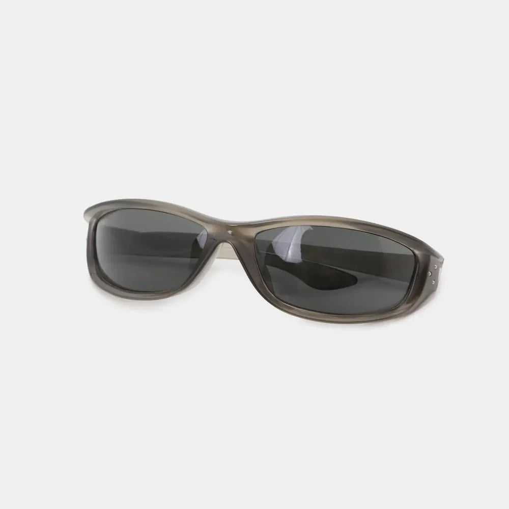 Sculpted sport sunglasses with dark lenses and a gray frame.