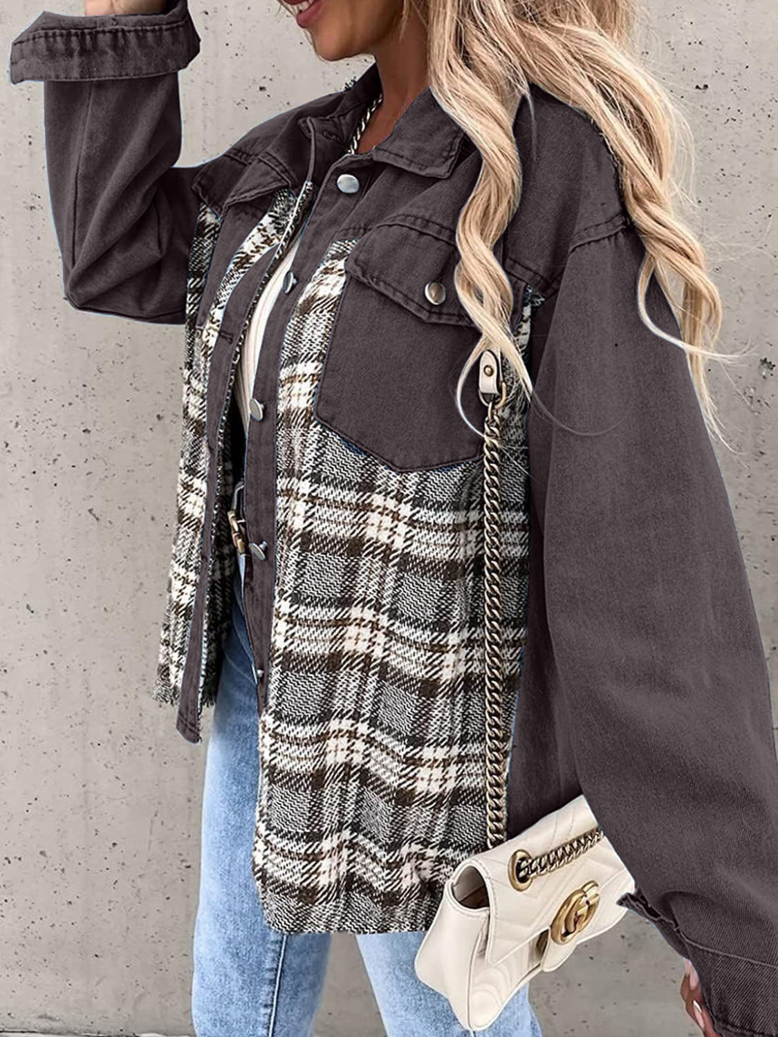 Panelled plaid denim hybrid jacket in dark gray with a houndstooth pattern.