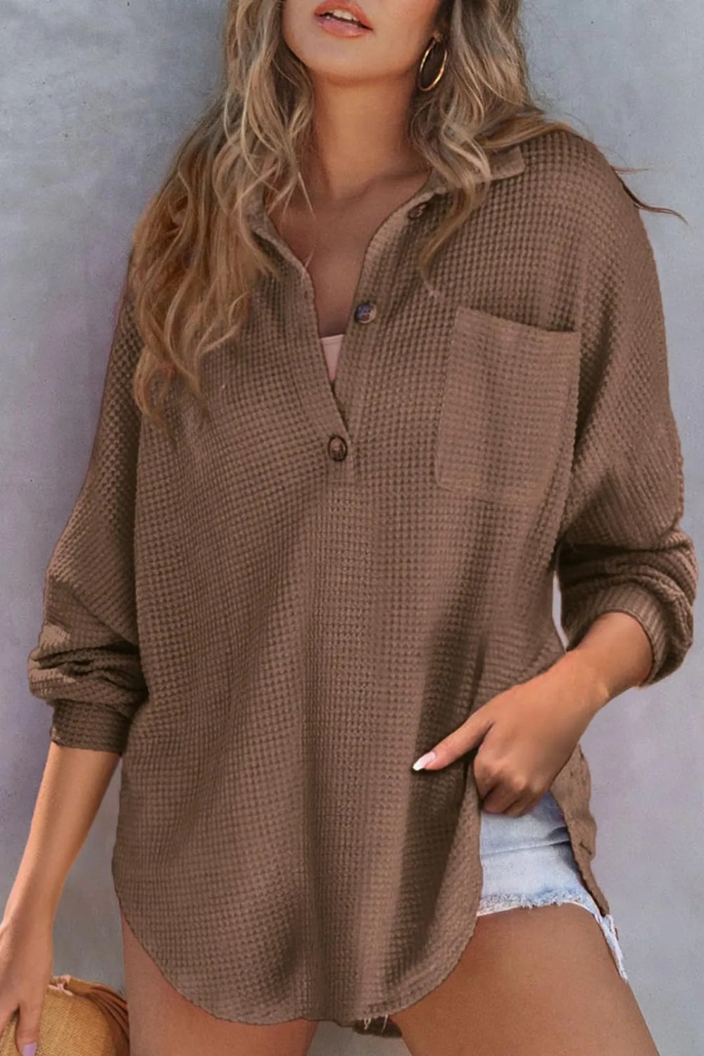 Coffee brown waffle knit henley shirt with pocket and button detail
