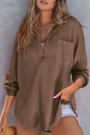 Coffee brown waffle knit henley shirt with pocket and button detail