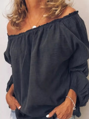 Gray off-the-shoulder maternity shirt with gathered neckline and frill detail.