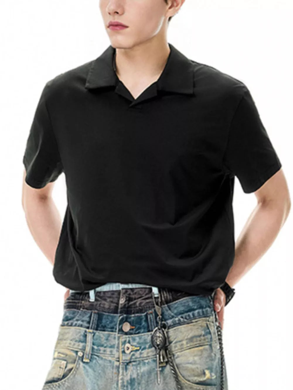 Black polyester short sleeve polo shirt with open collar