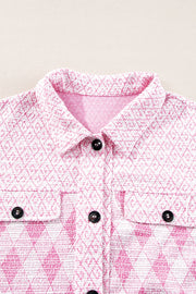 Pink diamond weave shacket with buttoned pockets and collar.