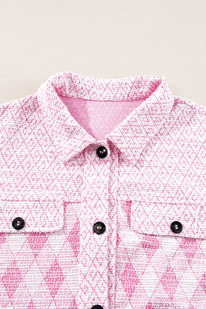 Pink diamond weave shacket with buttoned pockets and collar.