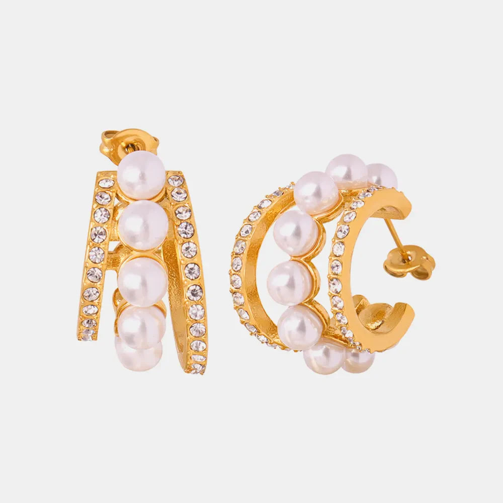 Gold double hoop earrings with pearls and pave crystals