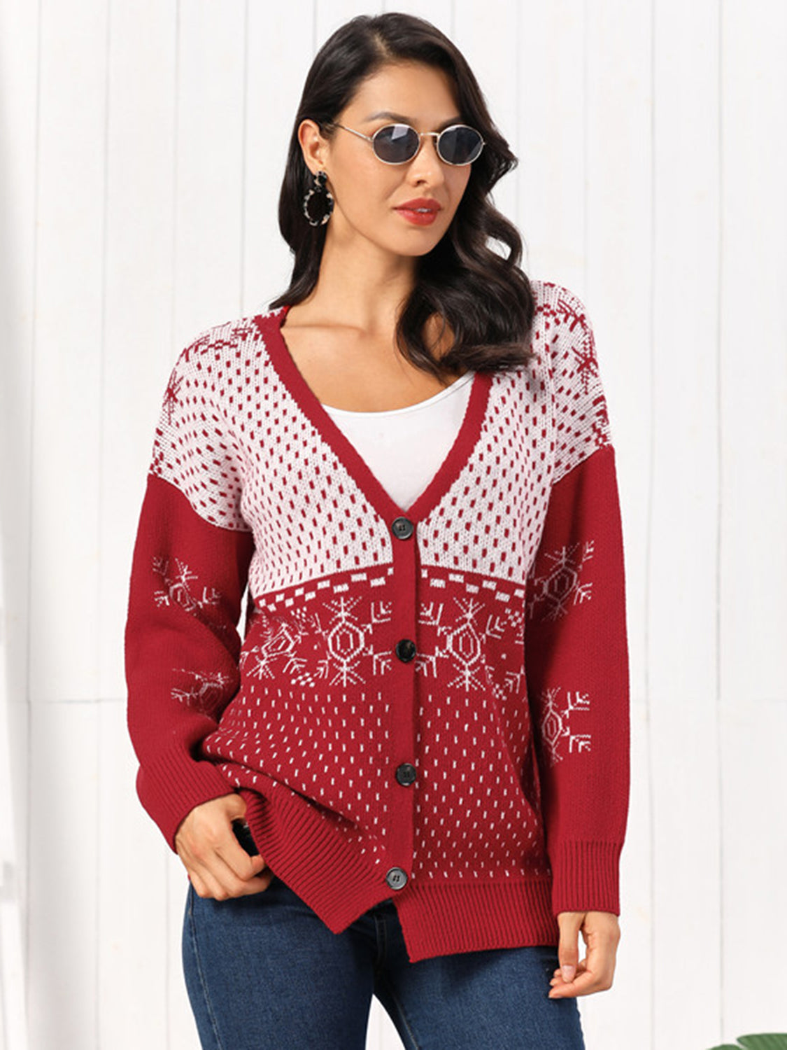 Deep Red Snowflake Jacquard Button-Down Cardigan with V-neck and long sleeves.