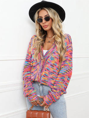 Multicolor knit cardigan with button front and V-neck, acrylic material.