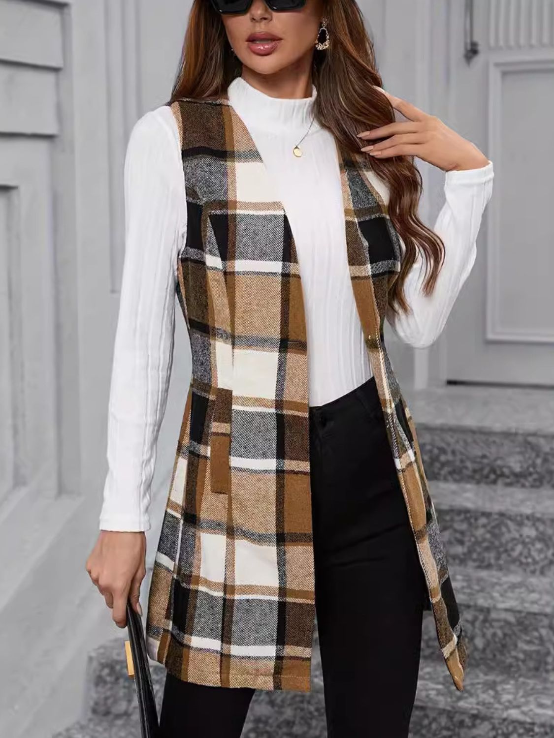 Tartan longline vest in camel with a buttoned front and V-neckline.
