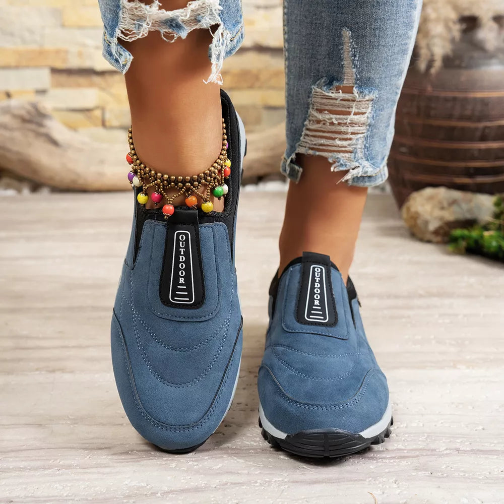 Blue suede-like round toe slip-on sneakers with "OUTDOOR" detail