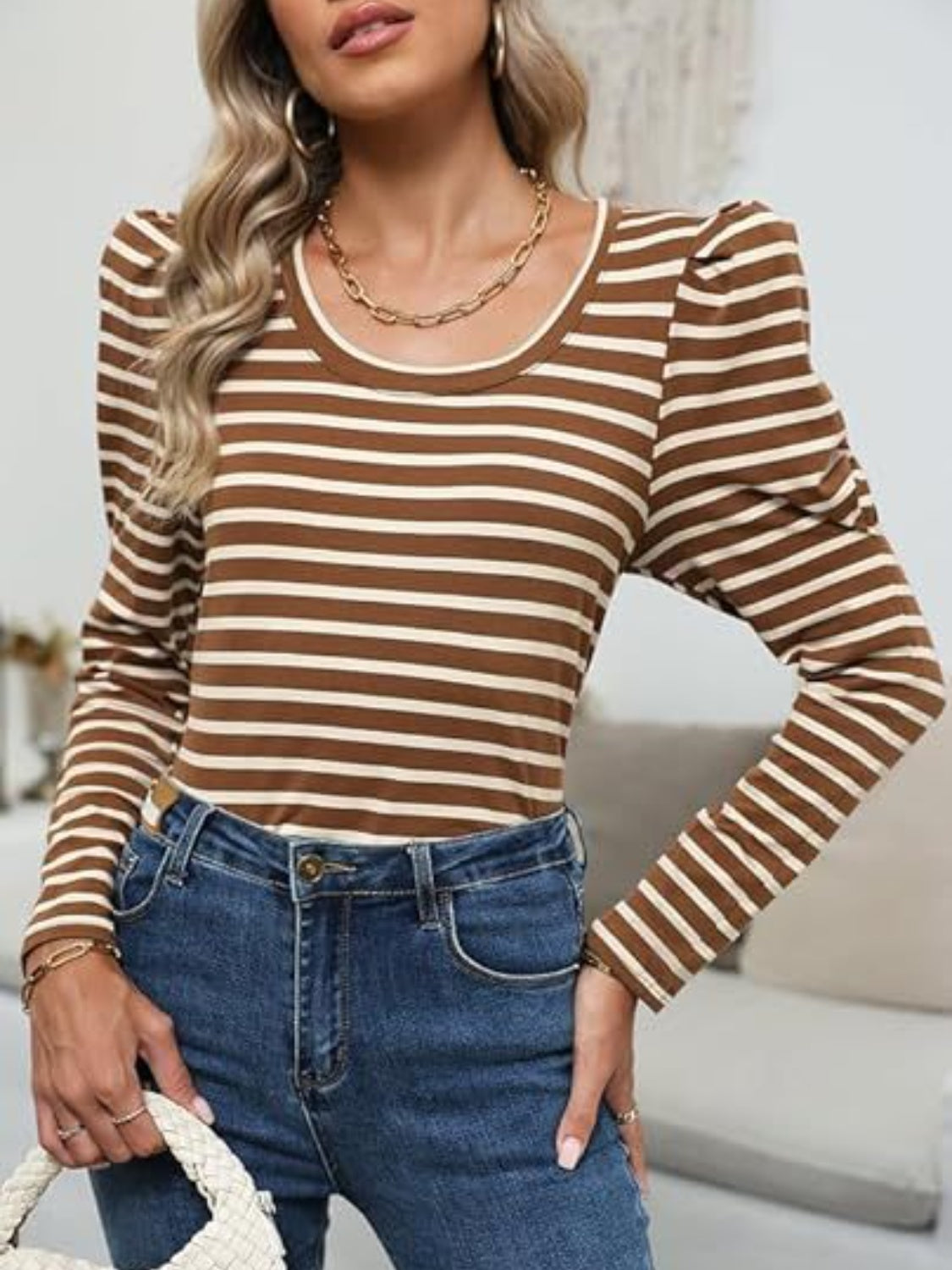 Breton stripe tee in camel with puff sleeves and scoop neck.