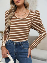 Breton stripe tee in camel with puff sleeves and scoop neck.