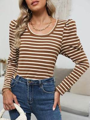 Breton stripe tee in camel with puff sleeves and scoop neck.