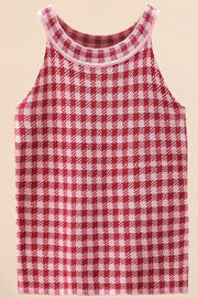 Houndstooth knit halter tank top in deep red and pink acrylic with a rounded neckline.