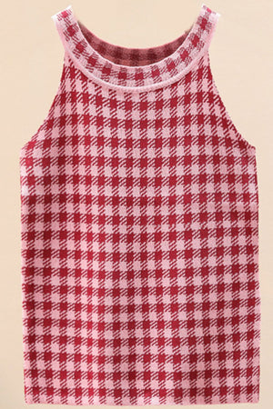 Houndstooth knit halter tank top in deep red and pink acrylic with a rounded neckline.