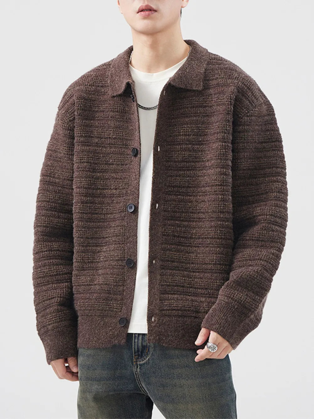 Sophisticated ribbed knit men's cardigan in Flower Coffee with button-down front and collar.