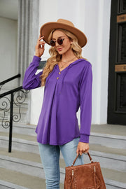 Purple hooded henley top with pleated front and button detail