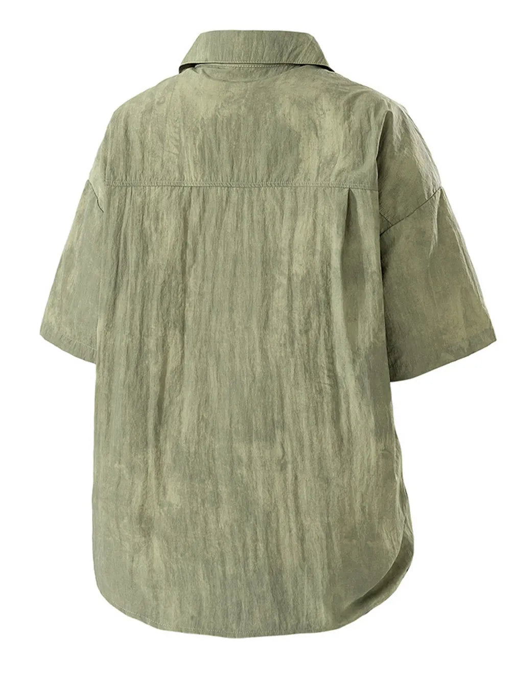 Relaxed fit camp collar men's shirt in Military Green, short sleeve, buttoned back view.