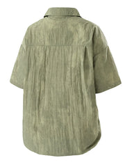 Relaxed fit camp collar men's shirt in Military Green, short sleeve, buttoned back view.