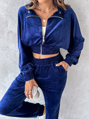 Navy velvet crop tracksuit with zipper detail and elasticated waistband