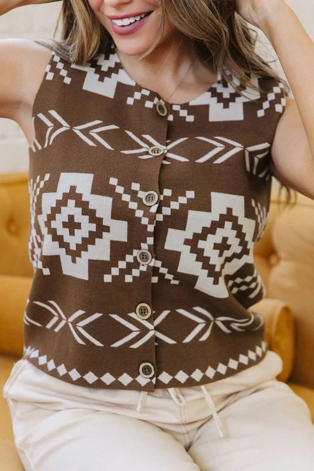 Western Geometric Sleeveless Knit Sweater Vest, fabric detail