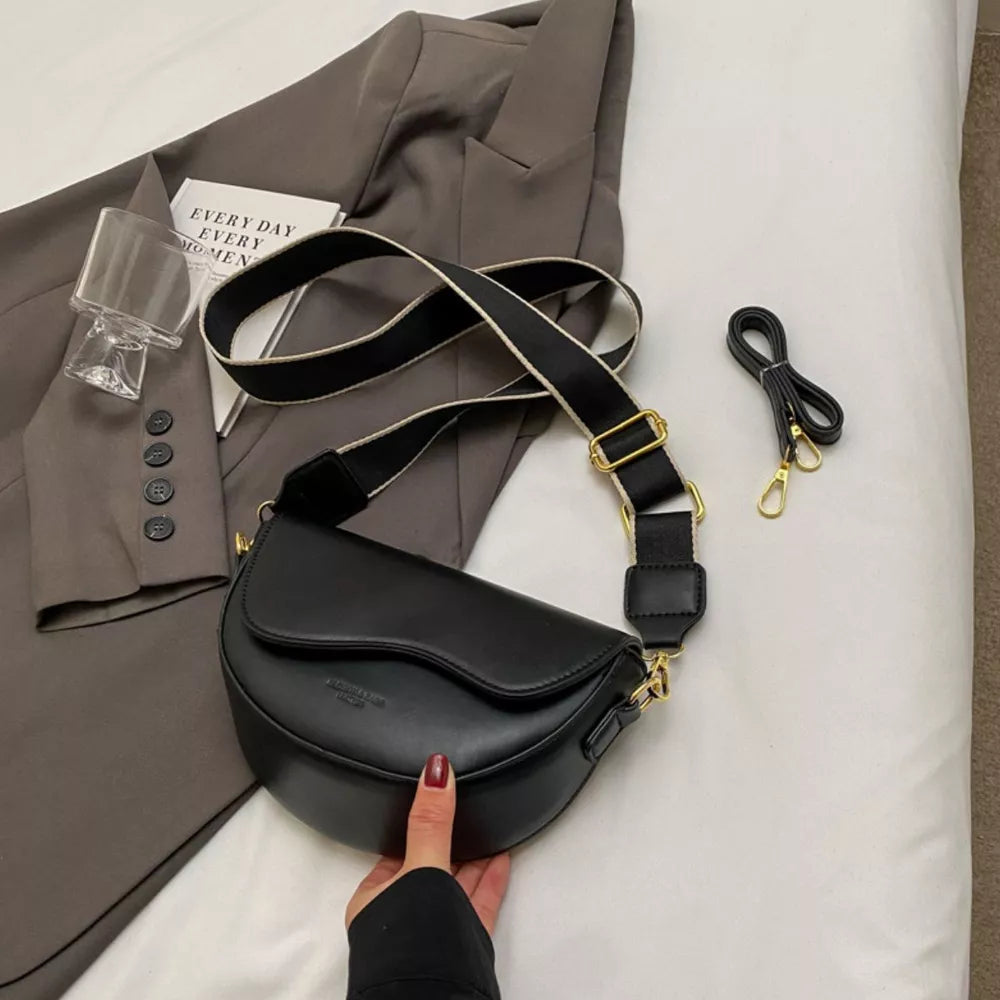 Leather Crescent Crossbody Bag in Black, fabric detail