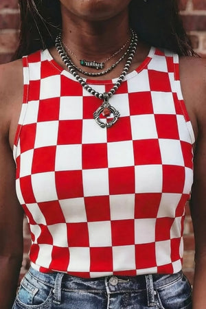 Red and white checkered fitted tank top with a scoop neckline.