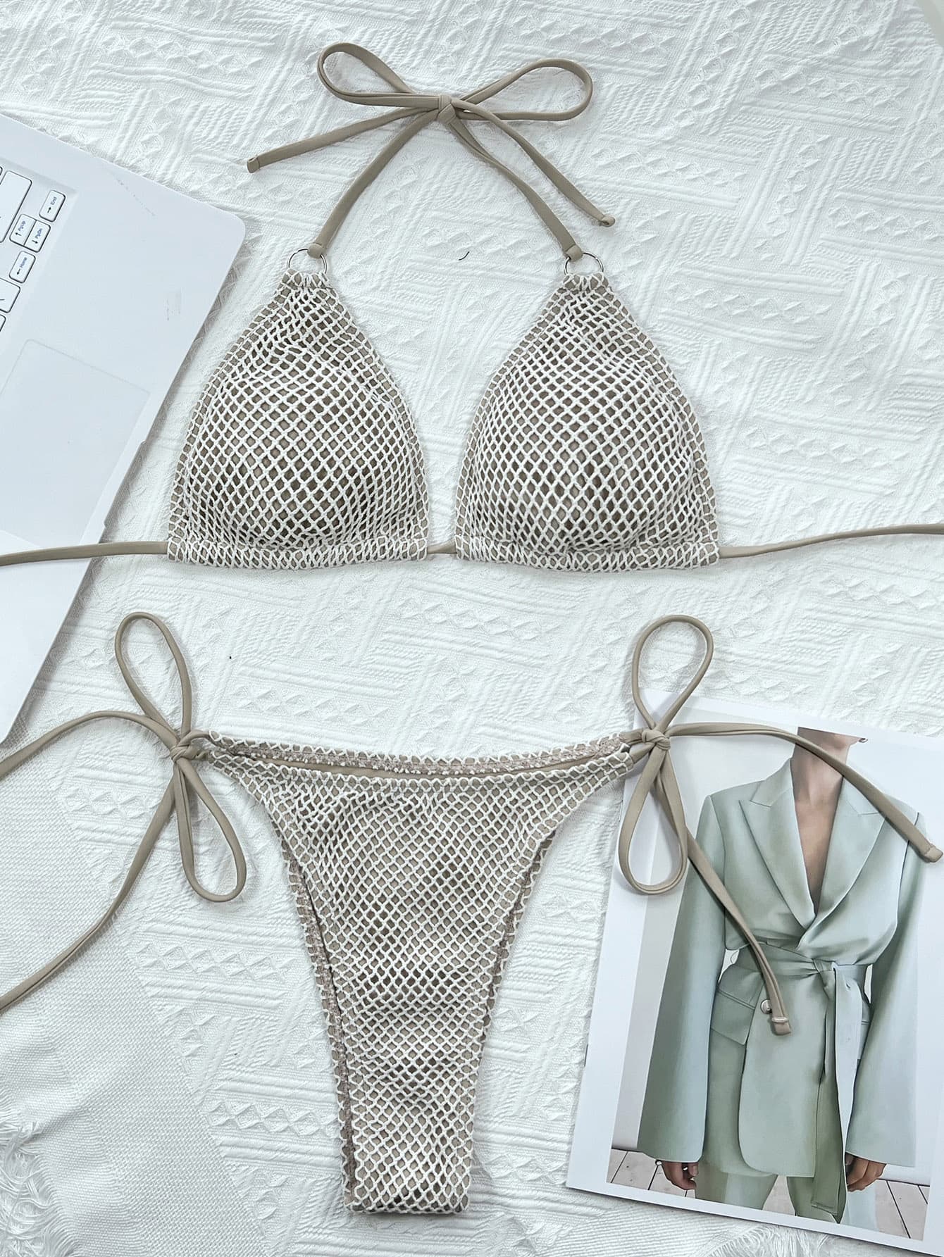 Crochet halter bikini set in ivory with tie sides and triangle cups.