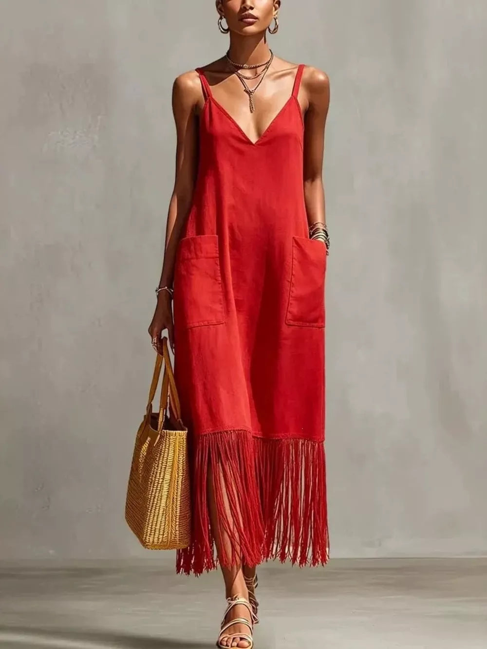 Red maxi dress with V-neck, spaghetti straps, pockets, and fringe hem.