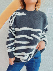 Dark Gray textured stripe knit crewneck sweater with fuzzy white stripes.