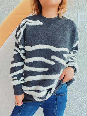 Dark Gray textured stripe knit crewneck sweater with fuzzy white stripes.