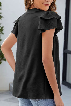 Black textured blouse with flutter sleeves and V-neck