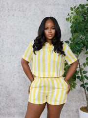 Yellow and white striped two-piece set with button-up shirt and shorts.
