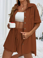 Linen resort shirt and shorts set in dark brown with button front and drawstring waist.