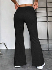 Black flare leg lounge trousers with drawstring waist and a casual fit.