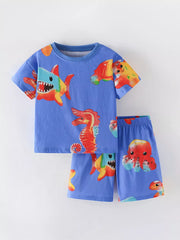 Toddler blue cotton blend crew neck set with whimsical ocean creature print.
