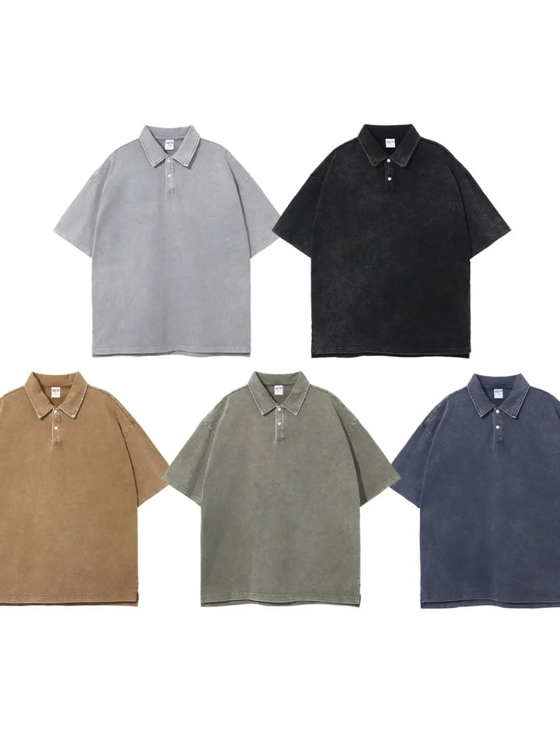 Oversized washed polo shirts in Sage, Black, Camel, and Gray with short sleeves and a button placket.