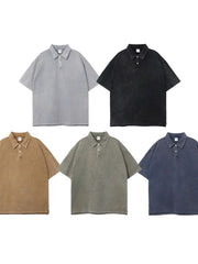 Oversized washed polo shirts in Sage, Black, Camel, and Gray with short sleeves and a button placket.