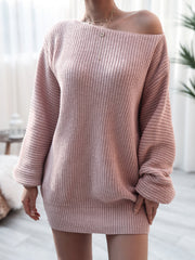 Dusty pink off-shoulder ribbed knit mini dress with long sleeves.