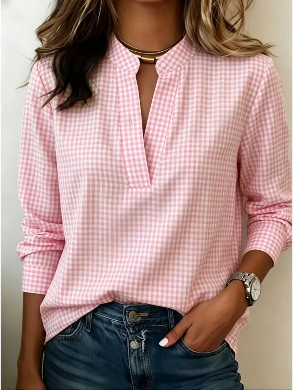 Full Size Plaid Notched Long Sleeve Blouse, fabric detail