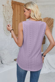 Lavender perforated button-down sleeveless top with eyelet pattern detail.