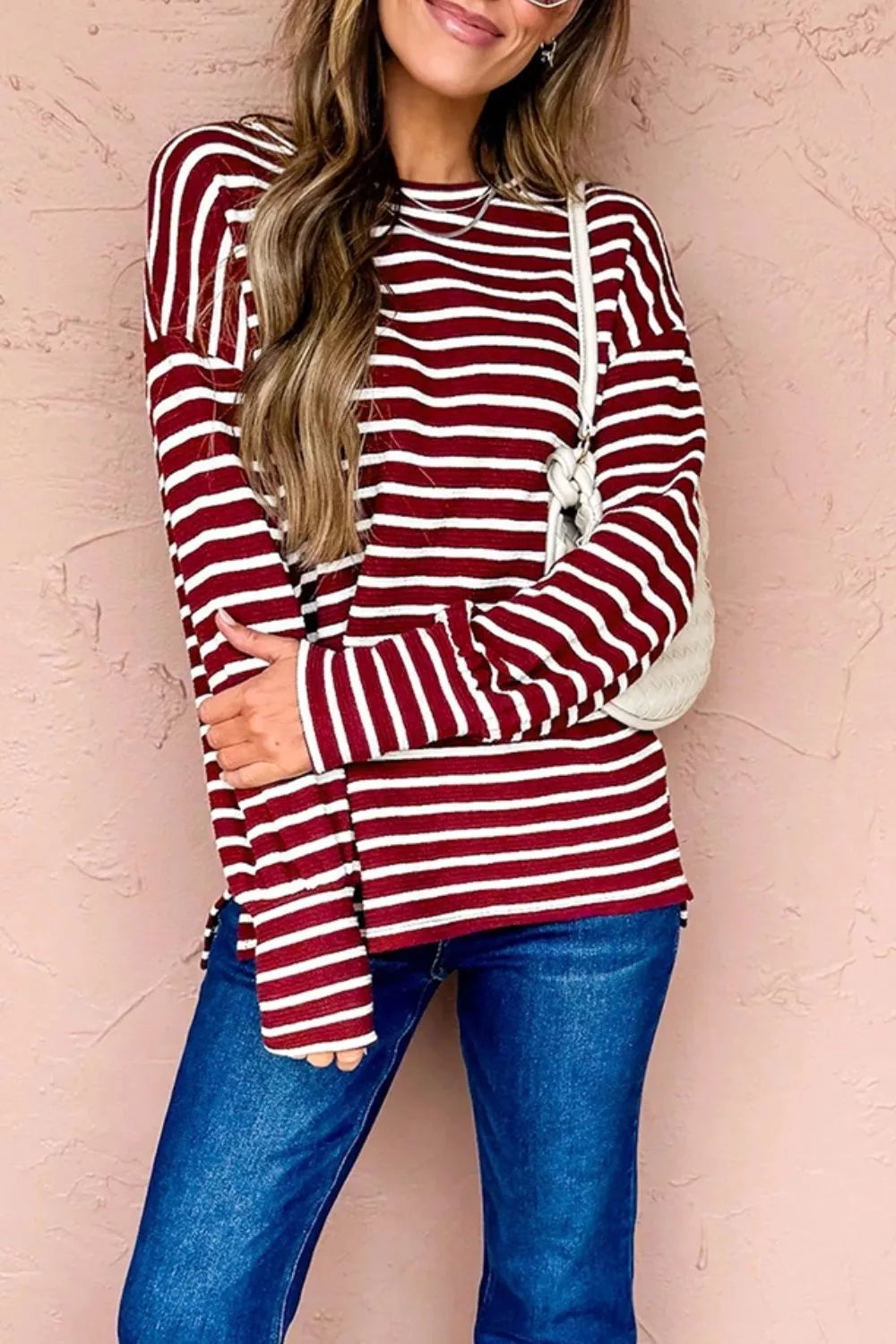 Stripe Drop Shoulder Long Sleeve Top, close-up detail