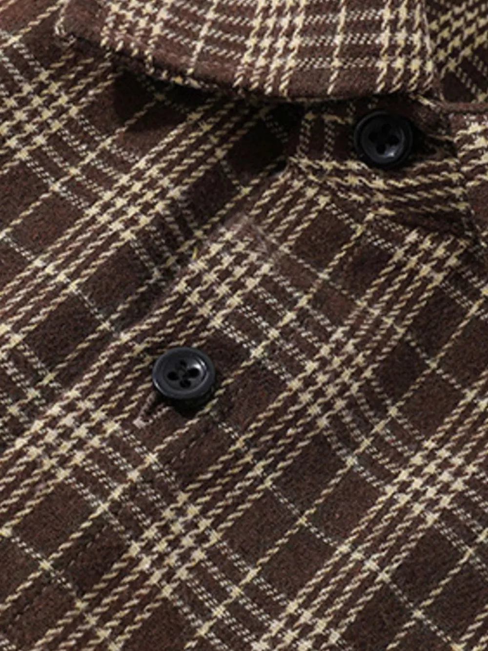 Classic oversized plaid button-front shirt in chocolate brown with cream plaid detail and black buttons.