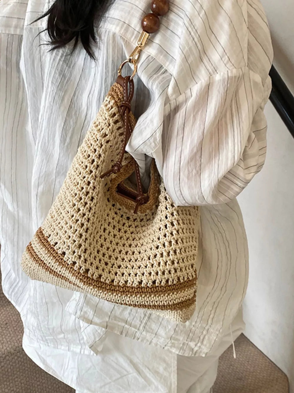 Crochet Knit Shoulder Bag in Beige, close-up detail