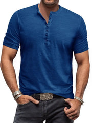 Royal Blue Henley Tee with subtle washed finish and buttoned neckline