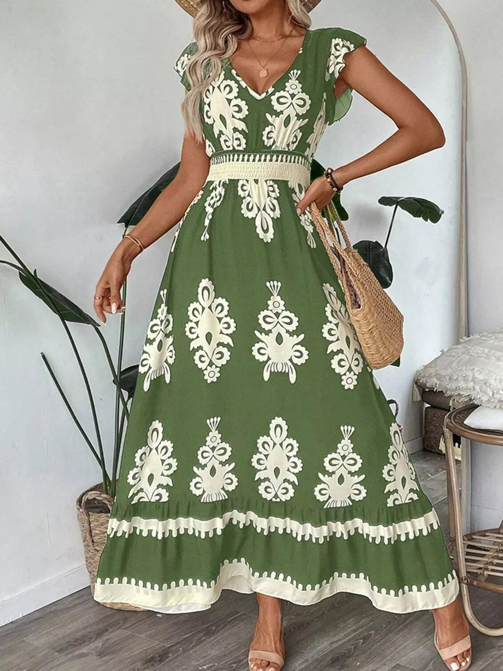 Ruffled Printed V-neck Maxi Dress in Dark Navy, editorial view