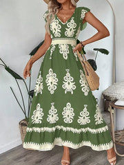 Ruffled Printed V-neck Maxi Dress in Dark Navy, editorial view